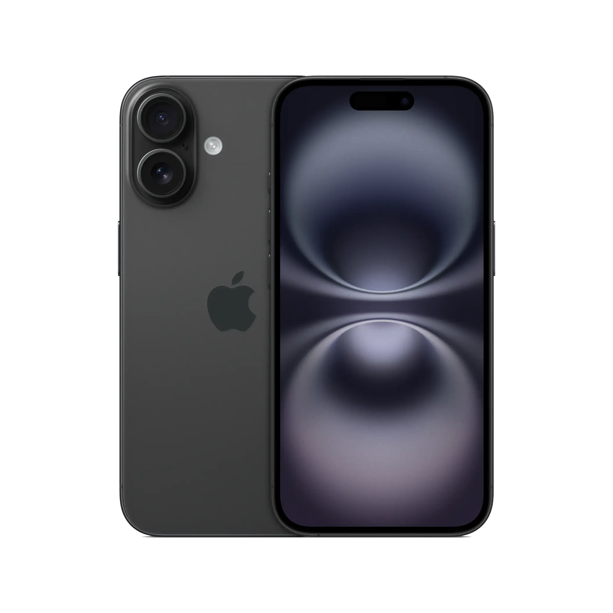 Refurbished iPhone 16 in black, front and back